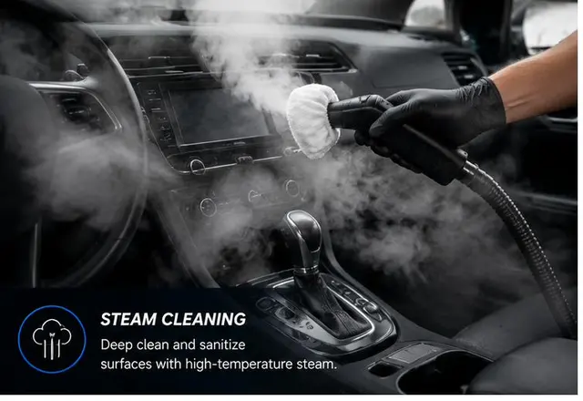 Steam cleaning a car interior console