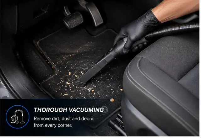 Vacuuming a car floor mat